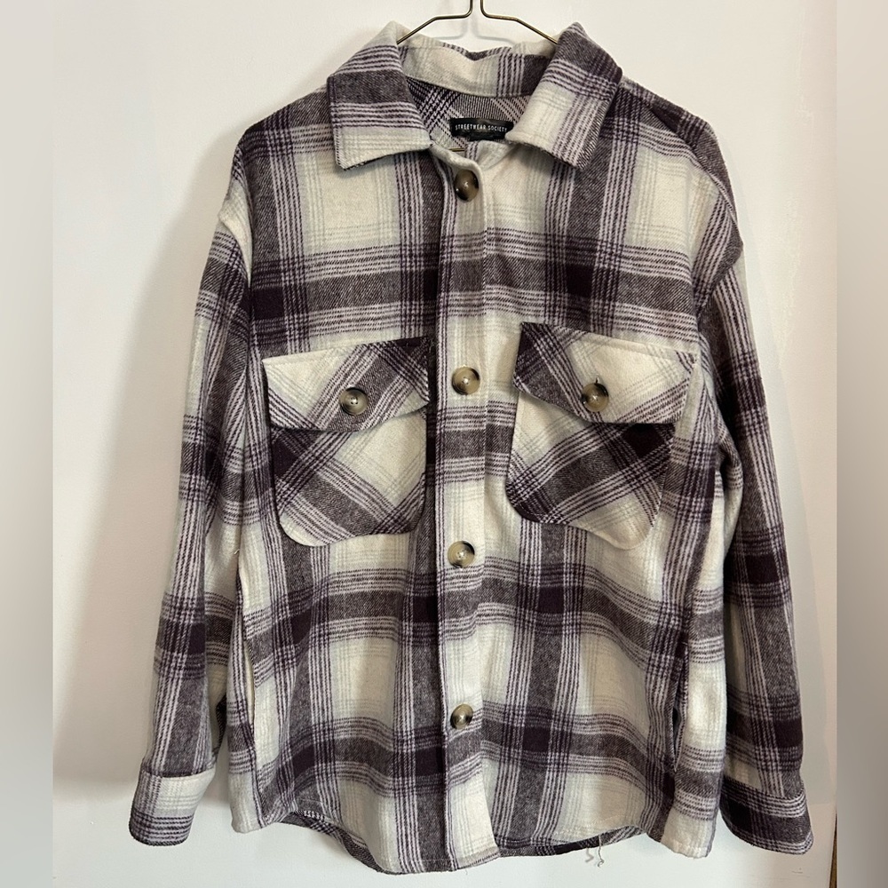 Streetwear Society Plaid Shacket in Cream and Plum